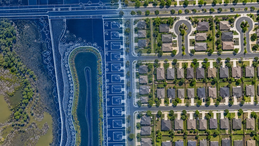 Aerial view of a Houston-area subdivision with a blueprint overlay of a stormwater storage pond and residential lots